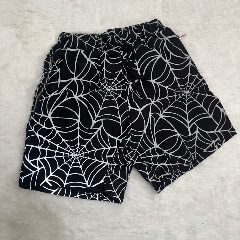 New Small men’s swim shorts trunk rave festival light reflective black spider